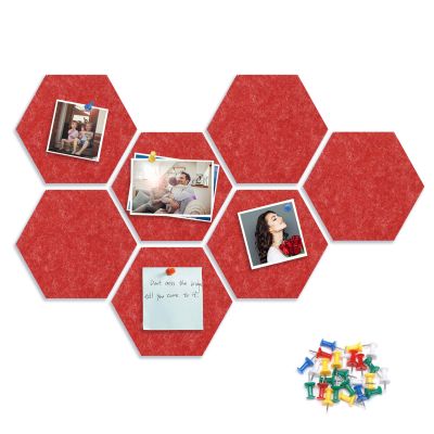 8 Packs Red Hexagon Felt Pin Board, 12" Bulletin Board with 30 Push Pins, Felt Board for Home Kitchen Office Decor, Self-Adhesive Corkboard Tiles for Walls School Message Photos Memos