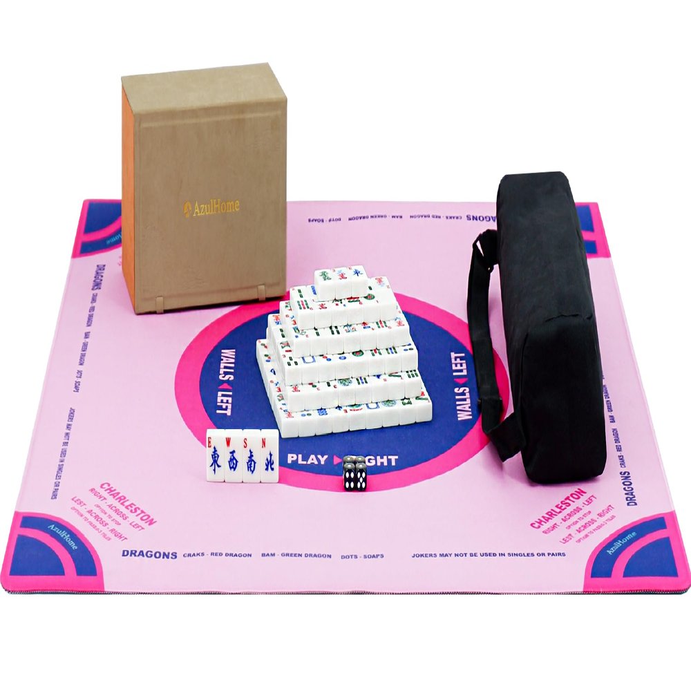 AzulHome American Mahjong Set, 166 Premium White Tiles with Pink Neoprene Mahjong Mat Kit - with 4 Dice, with One Mahjong Storage Case and One Mah jongg Mat Bag - Complete Mahjong Tiles Set