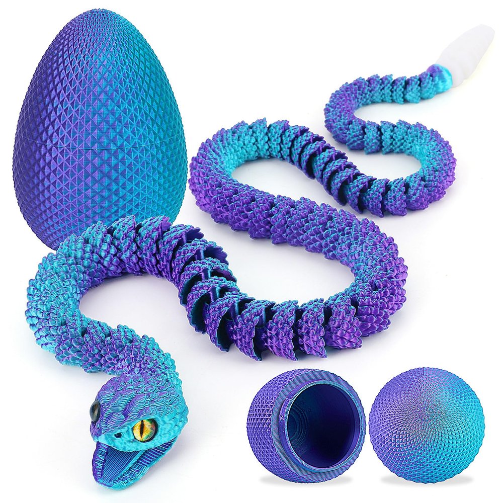 3D Printed Snake Eggs, Easter Egg Filled with Toy - Basket Essentials for Kids Boy Girls, Flexible Articulated 3D Printed Animal Fidget Toys (Cyan to Purple Gradient)