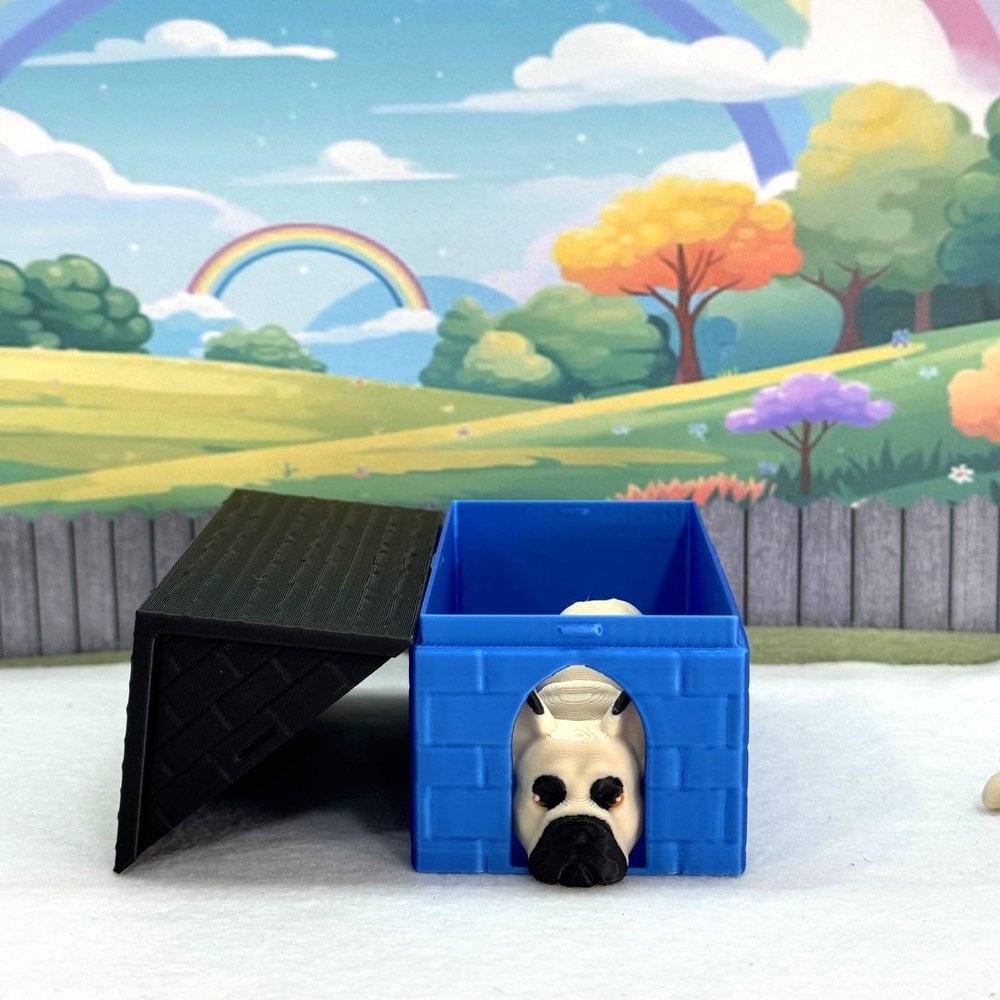 3D Printed Dog with Dog House, 3.5" Articulated French Bulldog Puppy Dog Animal Toy, Man's Best Friend, Fidget Animal Dog, Office and Home Decor - ADSET1-FB-BH