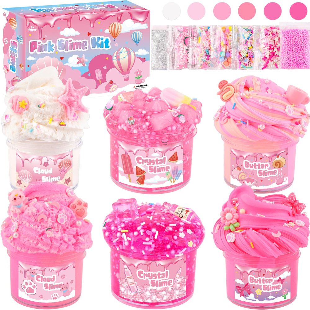 6 Pack Slimes Kit, Pink Slime Kids, Cloud Butter & Clear Slime, Party Favors, Toys for Girls Boys Ages 8-12, Goodie Bag Stuffers,9-10 Year Old Girls Birthday Gift Ideas Cute Stuff