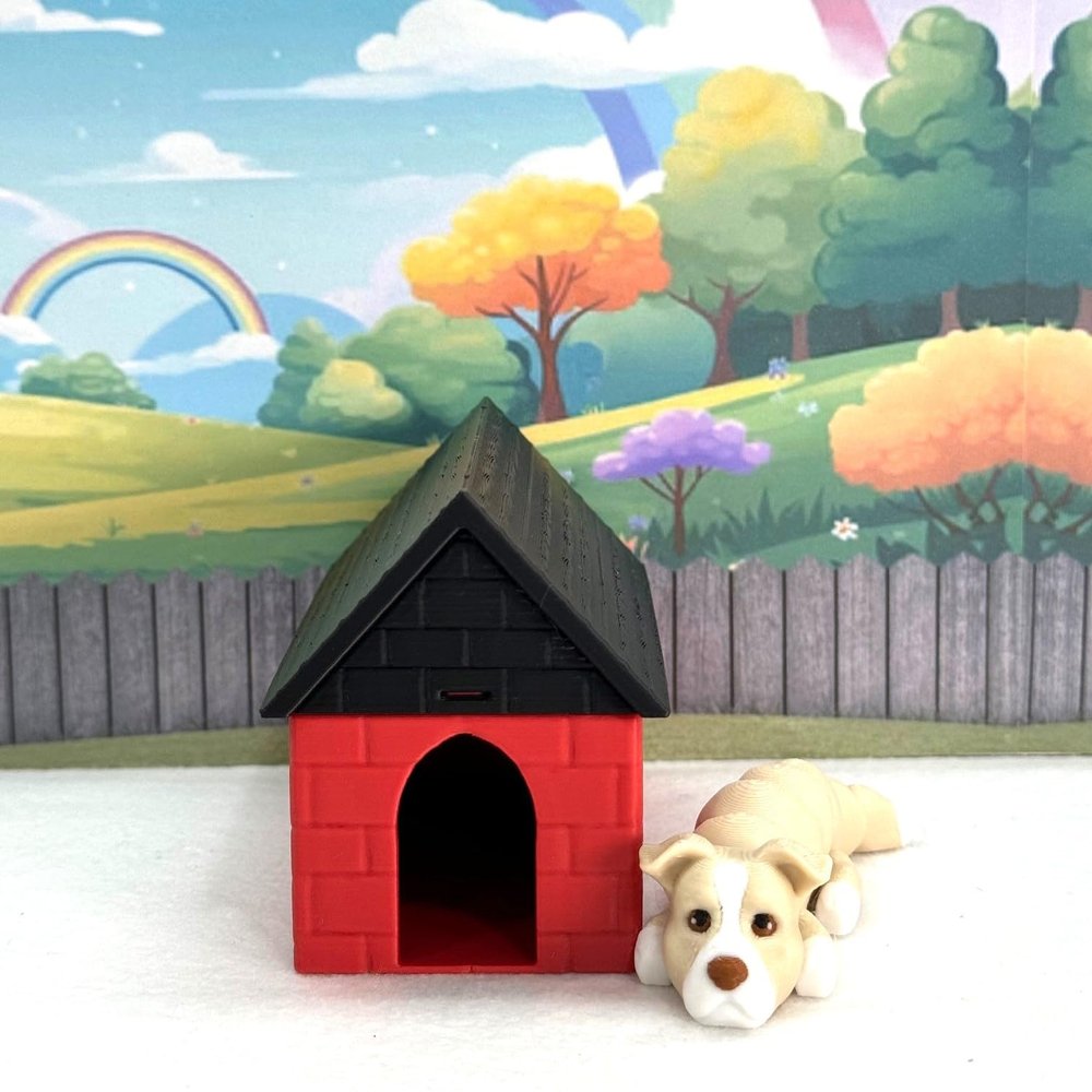 3D Printed Dog with Dog House, 3.5" Articulated Pitbull Puppy Animal, Man's Best Friend, Fidget Animal Toy, Office and Home Decor - ADSET3-PIT-RH