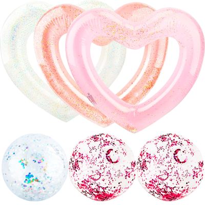 3 Pack Heart Pool Floats Inflatable Blow up Heart Shaped Swim Rings 43.3 x 43.3 Inch and 3 Pack 16 Inch Inflatable Glitter Beach Ball for Water Fun Beach Bachelorette Party for Adults (Color Set 2)