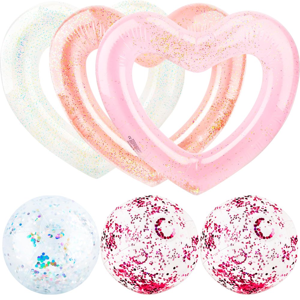 3 Pack Heart Pool Floats Inflatable Blow up Heart Shaped Swim Rings 43.3 x 43.3 Inch and 3 Pack 16 Inch Inflatable Glitter Beach Ball for Water Fun Beach Bachelorette Party for Adults (Color Set 2)