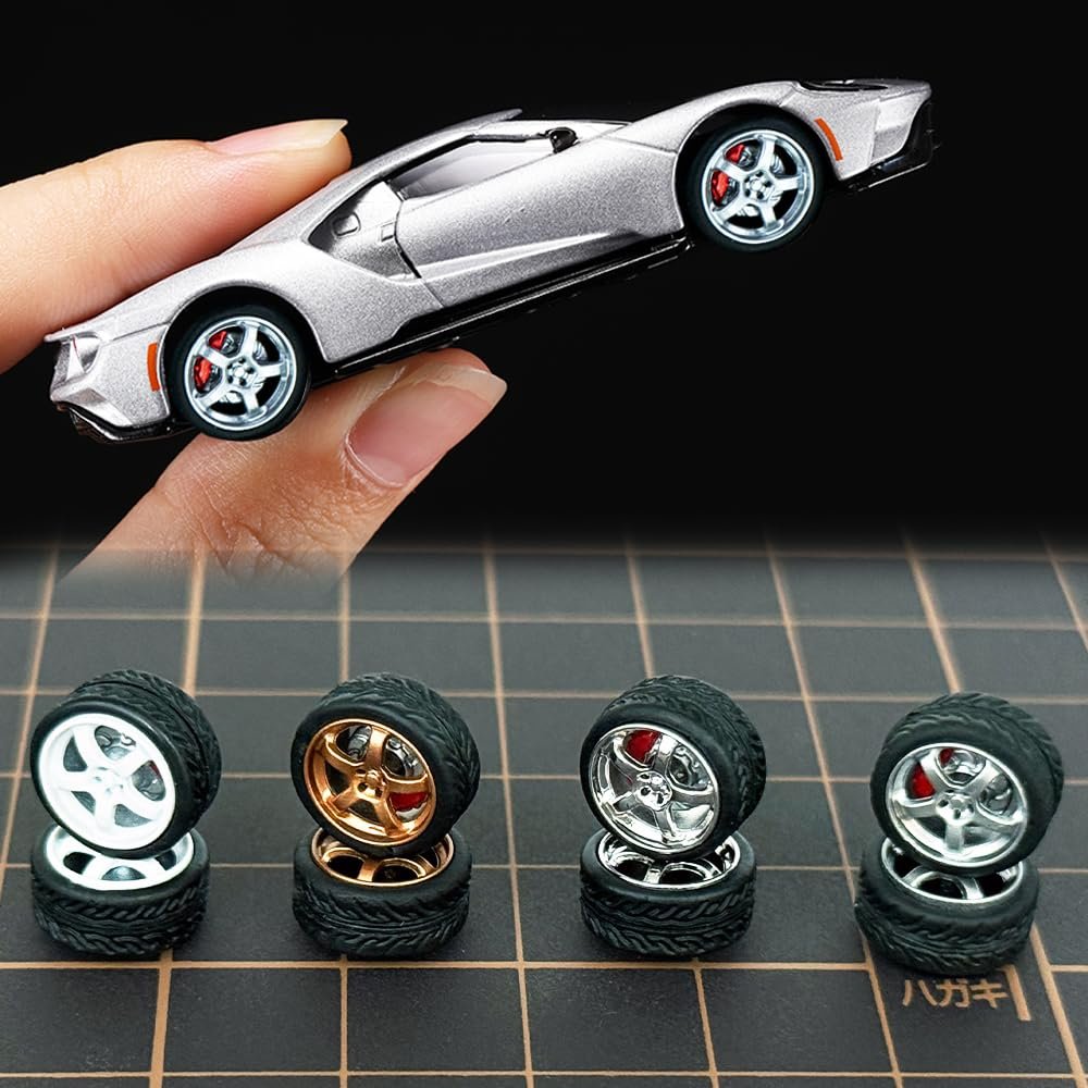 1/64 Wheels and tires for Upgraded Mainline Cast Model Car,Diameter is 0.39In,Thick-Five Axles, 4 Sets/Pack, ABS wheels with Rubber Tires Rivet Shaft with Brake Pads (Series Y(4 sets))