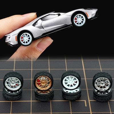 1/64 Wheels and tires for Upgraded Mainline Cast Model Car,Real Rider SeriesDiameter is 0.39In, Nine-axis, 4 Sets/Pack, ABS wheels with Rubber Tires Rivet Shaft with Brake Pads(Series V(4 sets)