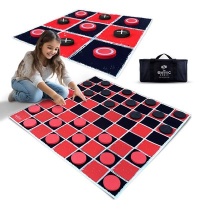 Swooc Games - 2-in-1 Vintage Giant Checkers & Tic Tac Toe Game W/Mat (3ft x 3ft) - 100% Machine-Washable Canvas - Giant Outdoor Games for Kids - Yard Game for Kids - Jumbo Lawn Set - Large Checkers