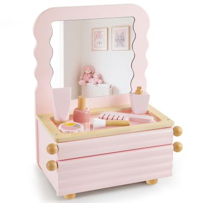 PIIKAGO Wooden Kids Vanity Set with Acrylic Display Case, Pretend Play Toddler Makeup Vanity for Girls, Beauty Salon Set with Makeup Accessories, Little Girls Gift Age 3+ (Pink)