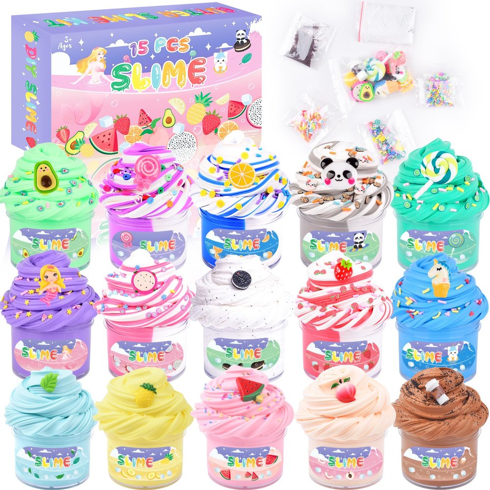 15 Pack Butter Slime Kit with Fruits Charms, Birthday Gift, Slime Party Favors for Girls and Boys, Super Soft & Scented Slime for Kids, DIY Stress Relief Toy