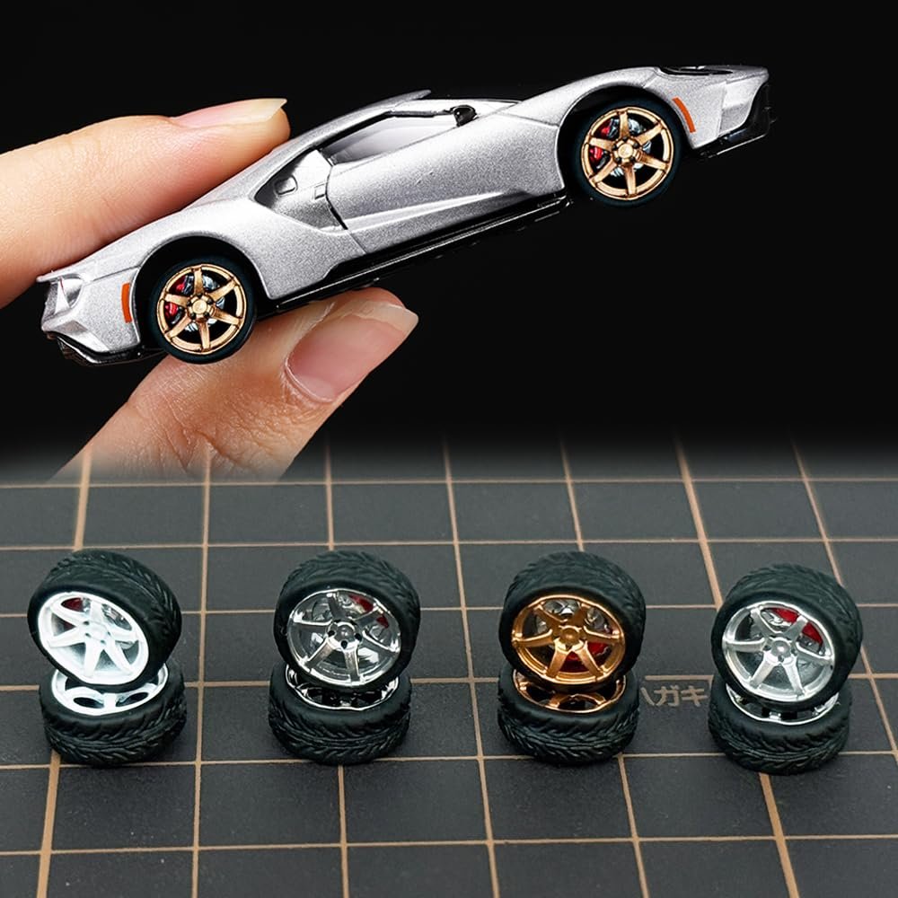 1/64 Wheels and tires for Upgraded Mainline Cast Model Car, True Rider Series,Diameter is 0.39In, Six-Axis, 4 Sets/Pack, ABS wheels with Rubber Tires Rivet Shaft with Brake Pads (Series Z(4 sets))