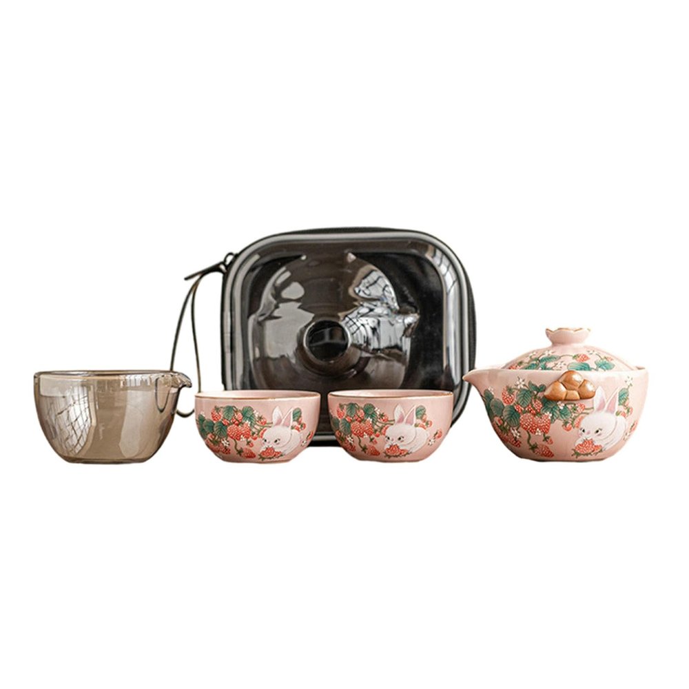 Cartoon Strawberry Rabbit Travel Tea Set, Portable Outdoor Cam Teapot Tea Cup - Yu Fen Ru Kiln Strawberry Rabbit One Pot Two Cups Travel Tea Set