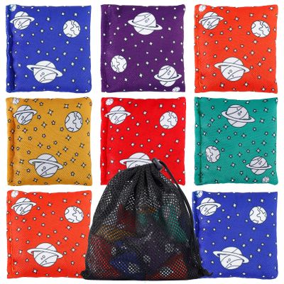 Enjamyo 16 Pack Bean Bags for Kids,2.75" x 2.75" Mini Bean Bags for Tossing,Colorful Cornhole Bags Bulk for Tossing Game,Indoor Outdoor Backyard Activities(6 Colors,Planet Pattern)