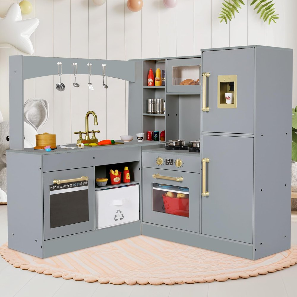 Arlopu Corner Wooden Play Kitchen with Lights & Sounds, Ultimate Pretend Cooking Toy Playset w/Utensils, Oven, Microwave, Stove, Water Dispenser (Gray)
