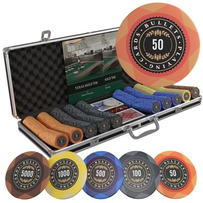 Bullets Playing Cards | Poker Set Adriana | 500 Clay Poker Chips (14 g) with Aluminum Case, Plastic Playing Cards & Dice  Texas Holdem, Numbered Values