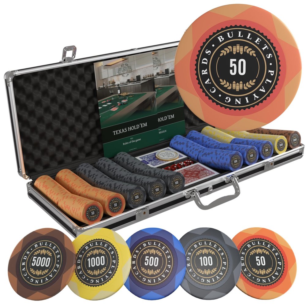 Bullets Playing Cards | Poker Set Adriana | 500 Clay Poker Chips (14 g) with Aluminum Case, Plastic Playing Cards & Dice  Texas Holdem, Numbered Values