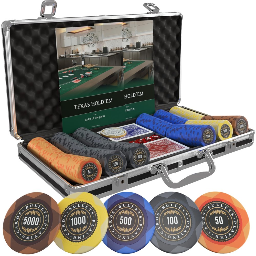 Bullets Playing Cards | Poker Set Adriana | 300 Clay Poker Chips (14 g) with Aluminum Case, Plastic Playing Cards & Dice  Texas Holdem, Numbered Values