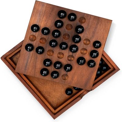 HAFI INTERNATIONAL Wooden Marble Solitaire Board Game - Premium Handcrafted Classic Puzzle Marbles, Brain Teaser for Adults & Kids, or Coffee Table Decor Portable Solo Strategy ((Black-Marble-Ball))