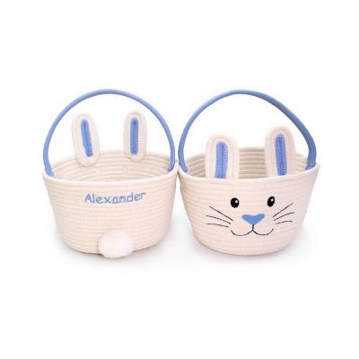 2025 Personalized Easter Bunny Rope Basket Customizable Embroidered Name Boys Girls Easter Baskets Children's Easter Gifts Decorative Easter Egg Hunt (Blue)