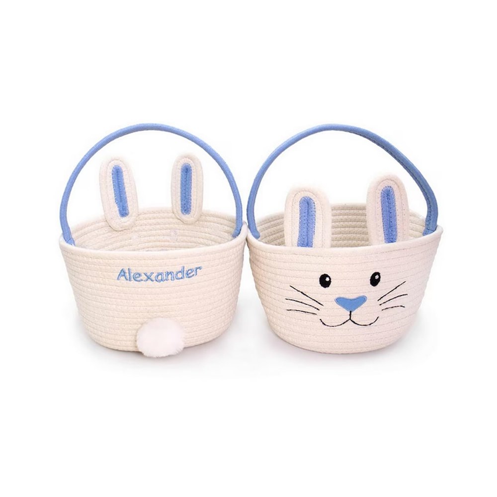 2025 Personalized Easter Bunny Rope Basket Customizable Embroidered Name Boys Girls Easter Baskets Children's Easter Gifts Decorative Easter Egg Hunt (Blue)