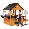 JOYMOR Kids Outdoor Playhouse with Sink Toys, Picnic Table, Mailbox, Spacious Wooden Toddler Playhouse for Backyard Kids 3-8Y DIY Room with Flowerpot Holders, Plastic Basin (Light Brown) view 1