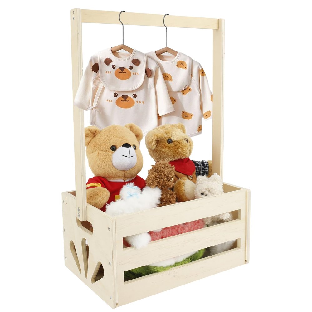 Abizarch Wooden Baby Shower Basket, Baby Shower Crate Closet with Handle, Baby Clothes Rack, Baby Shower Hamper Storage Basket for New Born Baby Shower New Parents