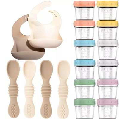 12pc Glass Baby Food Storage Jars, 4 Silicone Baby Spoons & 2 Silicone Bibs, Baby Mealtime Essentials BPA-Free, Leakproof, and Dishwasher Safe