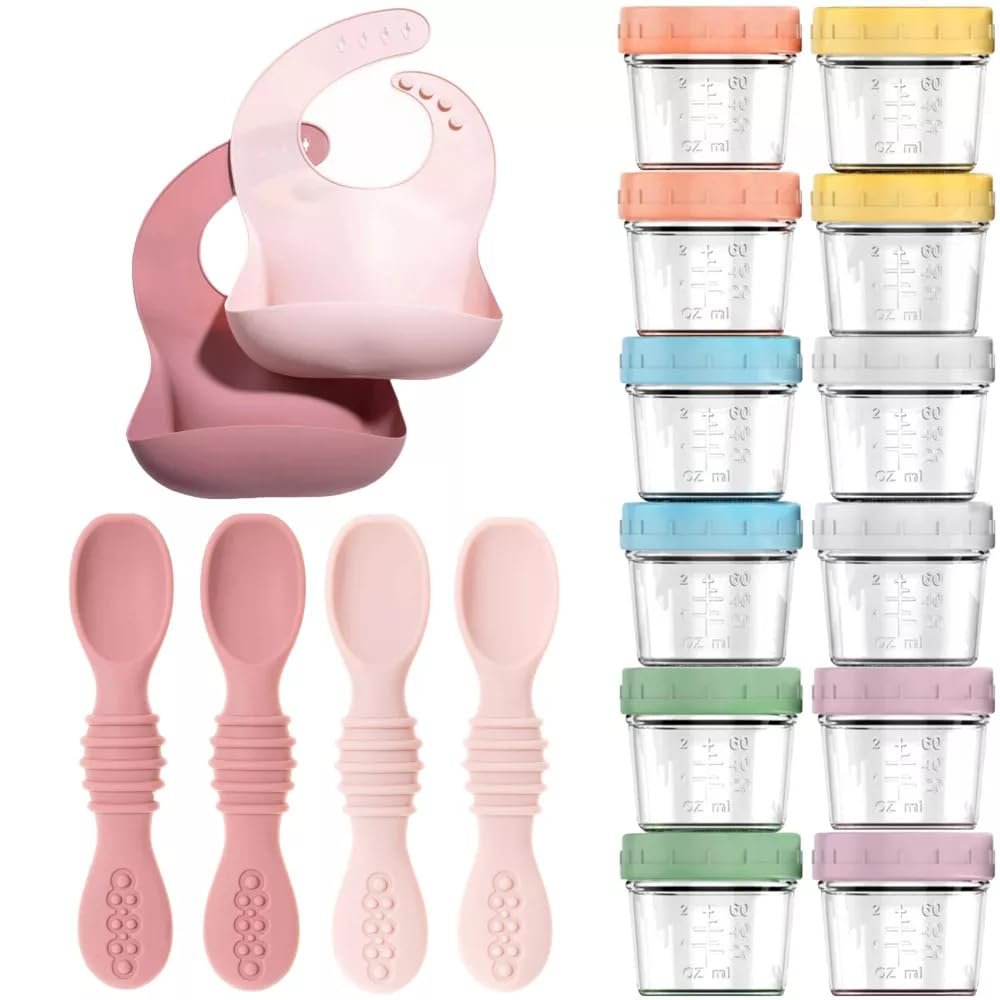 12pc Glass Baby Food Storage Jars, 4 Silicone Baby Spoons & 2 Silicone Bibs, Baby Mealtime Essentials BPA-Free, Leakproof, and Dishwasher Safe