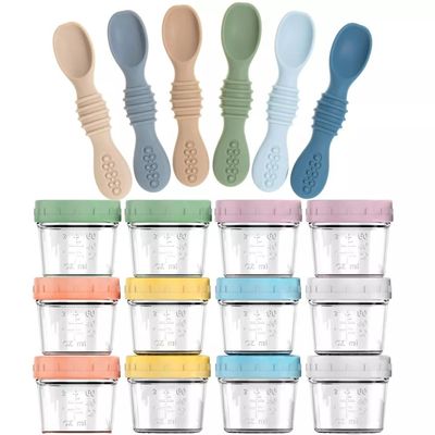 12-Pack Glass Baby Food Storage Jars with Lids, 6-Pack Silicone Baby Self-Feeding Spoons BPA-Free, Leakproof, Freezer Safe Jars