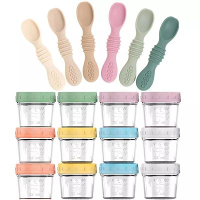 12-Pack Glass Baby Food Storage Jars with Lids, 6-Pack Silicone Baby Self-Feeding Spoons BPA-Free, Leakproof, Freezer Safe Jars