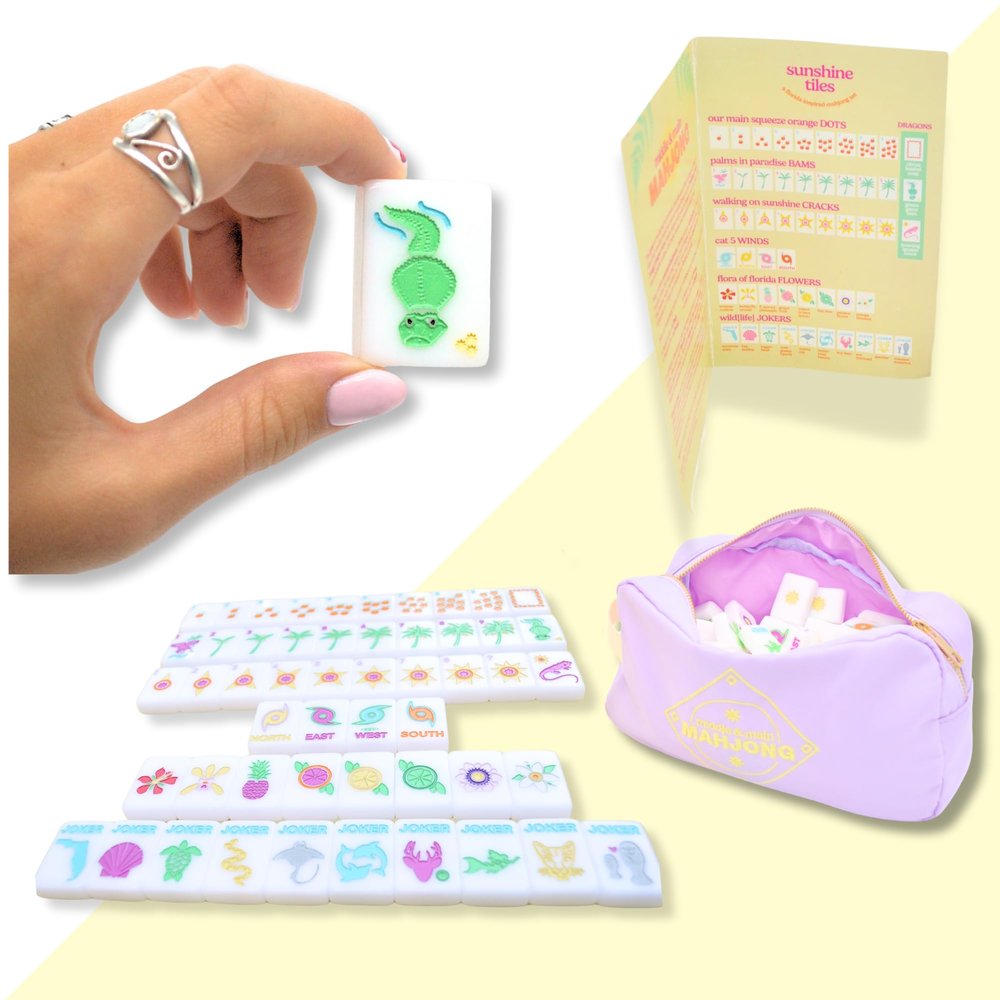 American Mahjong Tile Set, Beautiful Glossy Quality Acrylic Florida Inspired Sunshine Tiles, 160 Tiles, Includes Brochure & Embroidered Nylon Bag, Middle & Main Mahjong, Extra Jokers Blanks