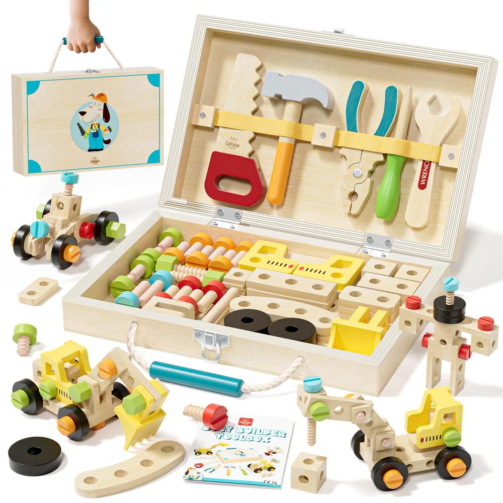 Lehoo Castle Kids Tool Set with Toolbox, Wooden Toys for 3 4 5 Years Old Boy Birthday Gift, Construction Play Tools, STEM Learning Toys for Preschooler, Pretend Play Gifts for Christmas