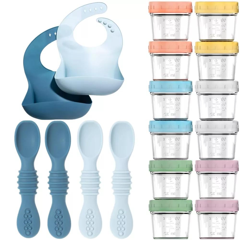12pc Glass Baby Food Storage Jars, 4 Silicone Baby Spoons & 2 Silicone Bibs, Baby Mealtime Essentials BPA-Free, Leakproof, and Dishwasher Safe