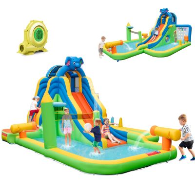 GLACER Inflatable Water Park, 9-in-1 Backyard Bounce House w/Water Slide Splash Pool & Climbing Wall, Elephant Bouncy Castle for Water & Dry Fun (735W Blower Included)