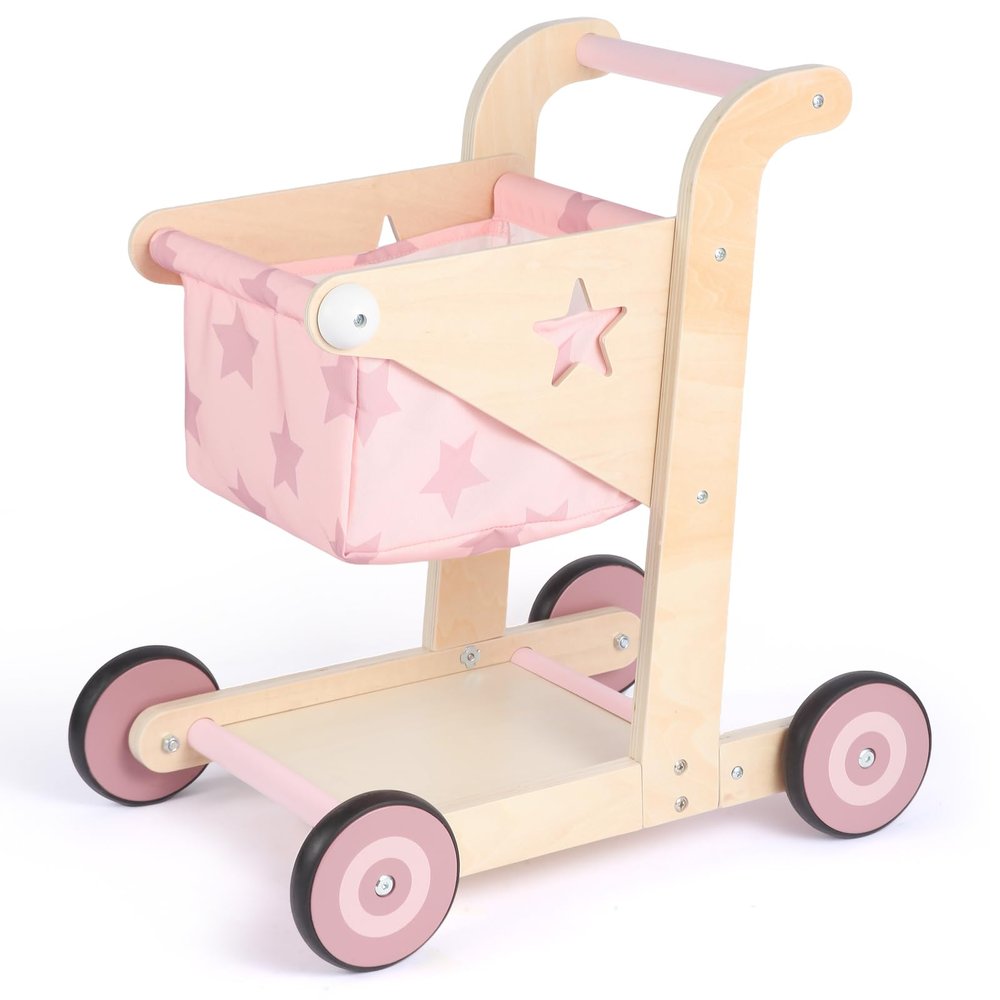 Asweets 2 in 1 Wooden Baby Walker Push and Pull Doll Stroller, Shopping Cart Learning Walker for Boys and Girls, Sit Stand Learning Toddler Toy (Pink)
