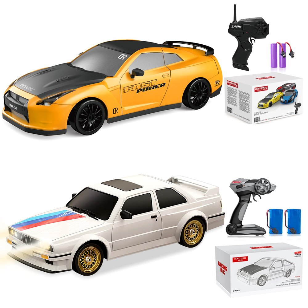2-Piece Bundle: RC Drift Cars 2.4GHz 1:24 & 1:16 Scale 4WD, 15KM/H & 30KM/H High-Speed, LED Lights, Drifting Tires, Rechargeable Batteries Racing Sport Toy Cars for Kids, Boys, Girls & Adults