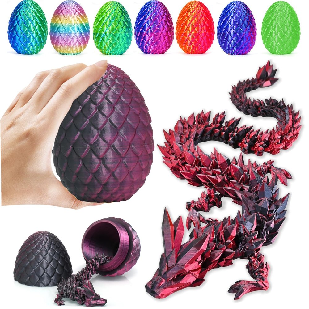 3D Printed Dragon Fidget Toys Dragon Egg 12inch Flexible Dragon Toy 3D Printed Dragon Egg with Articulated Dragon Inside Fidget Toys for Autism/ADHD Easter Toys Gifts (BlackPurple)
