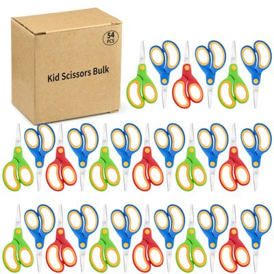Kids Scissors Bulk, 54 Pcs Soft Touch Classroom Scissors, Safe Round-Tip Child Scissor with Flat-Angle Blade and Non-Slip Handle for School and Crafts, Three Colors