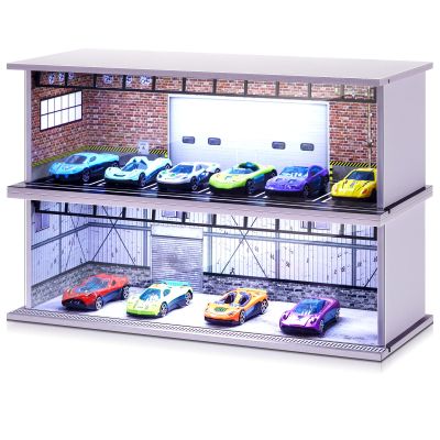 Tujoe 2 Pcs Display Case for Toy Car Garage with LED Light Stackable 1/64 Scale Diecast Toy Cars Garage for Maximum 58 Model Car Display and Storage(Red Bricks)