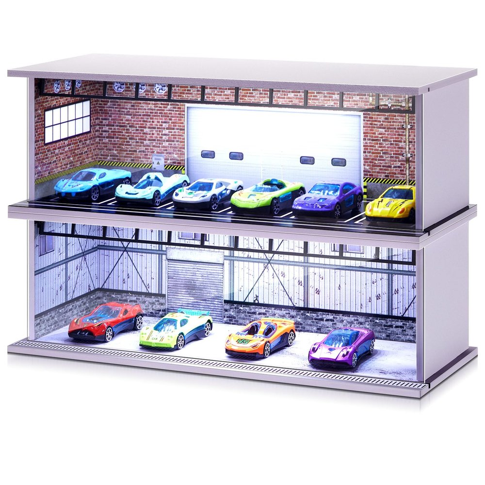 Tujoe 2 Pcs Display Case for Toy Car Garage with LED Light Stackable 1/64 Scale Diecast Toy Cars Garage for Maximum 58 Model Car Display and Storage(Red Bricks)