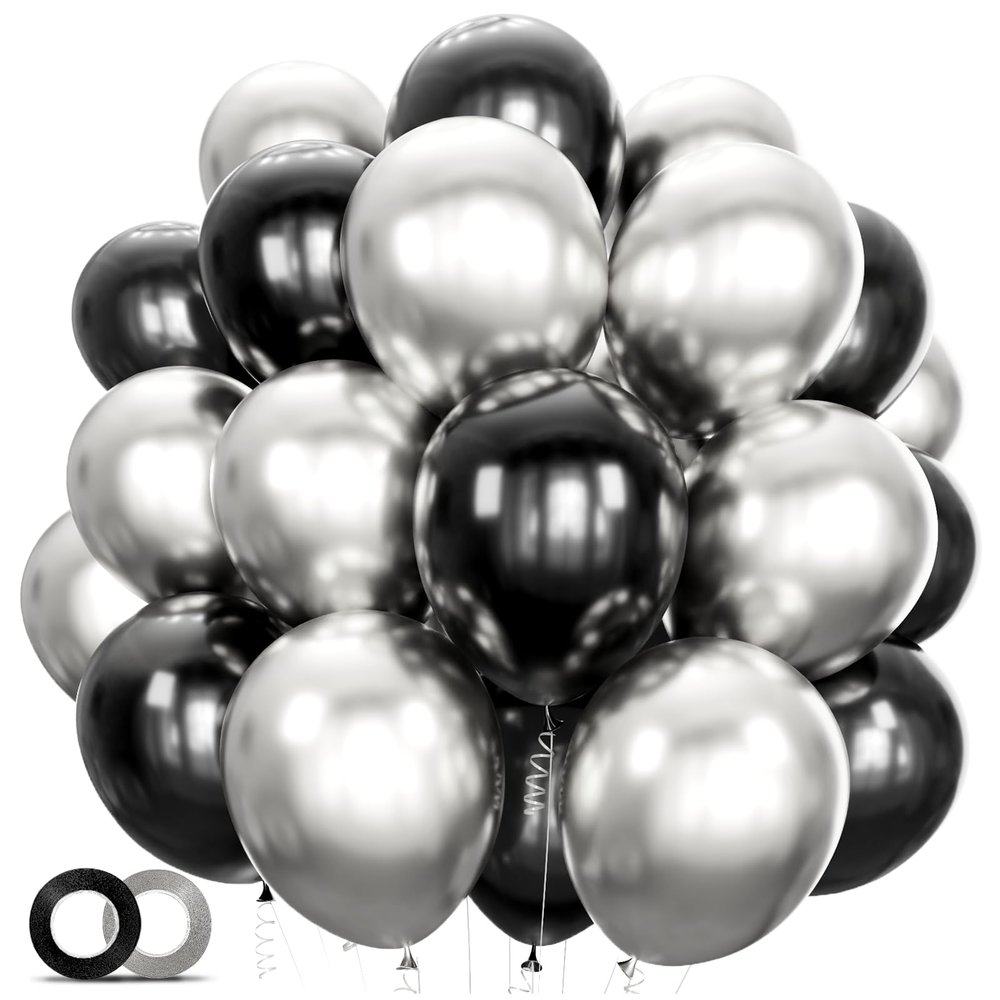 100pcs Black and Silver Balloons 12 Inch Metallic Silver and Black latex Party Balloons for Birthday Graduation Engagement New Year's Eve Party Decorations
