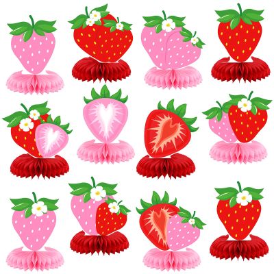 12 Pcs Strawberry Party Decoration Honeycomb Centerpieces Red Pink Strawberry Table Topper Table Decoration for Summer Birthday Fruits Theme Party Favors Supplies