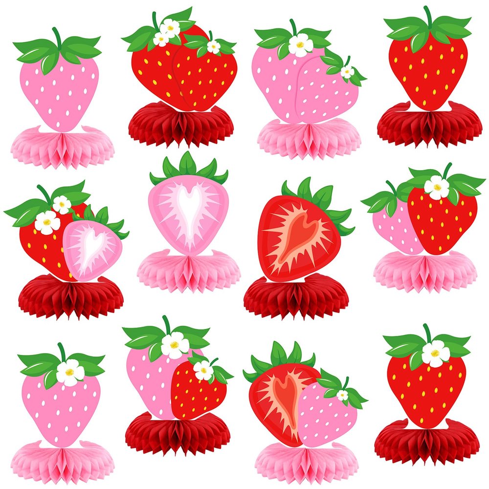 12 Pcs Strawberry Party Decoration Honeycomb Centerpieces Red Pink Strawberry Table Topper Table Decoration for Summer Birthday Fruits Theme Party Favors Supplies
