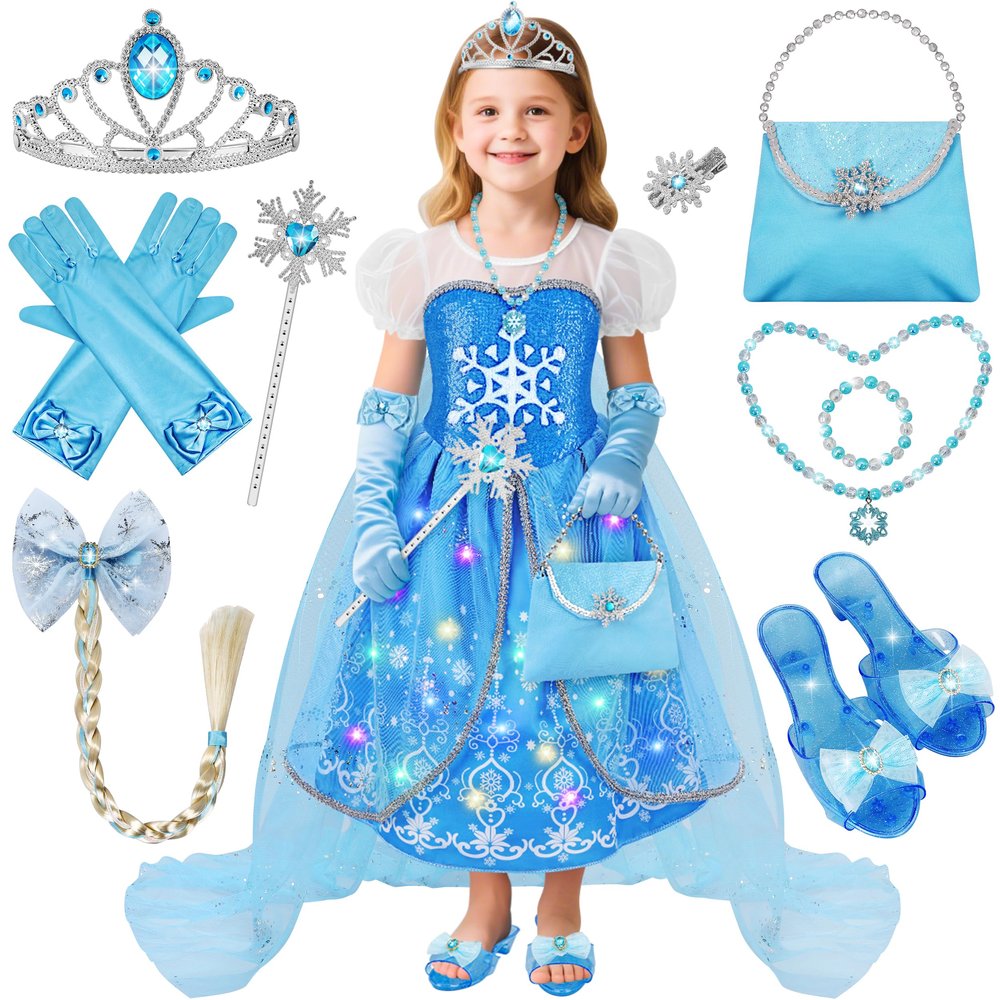 KKONES Princess Dresses for Girls, Light Up Princess Costume with Cape, Birthday Halloween Party Gift for Toddler Age 3-8 Year Old