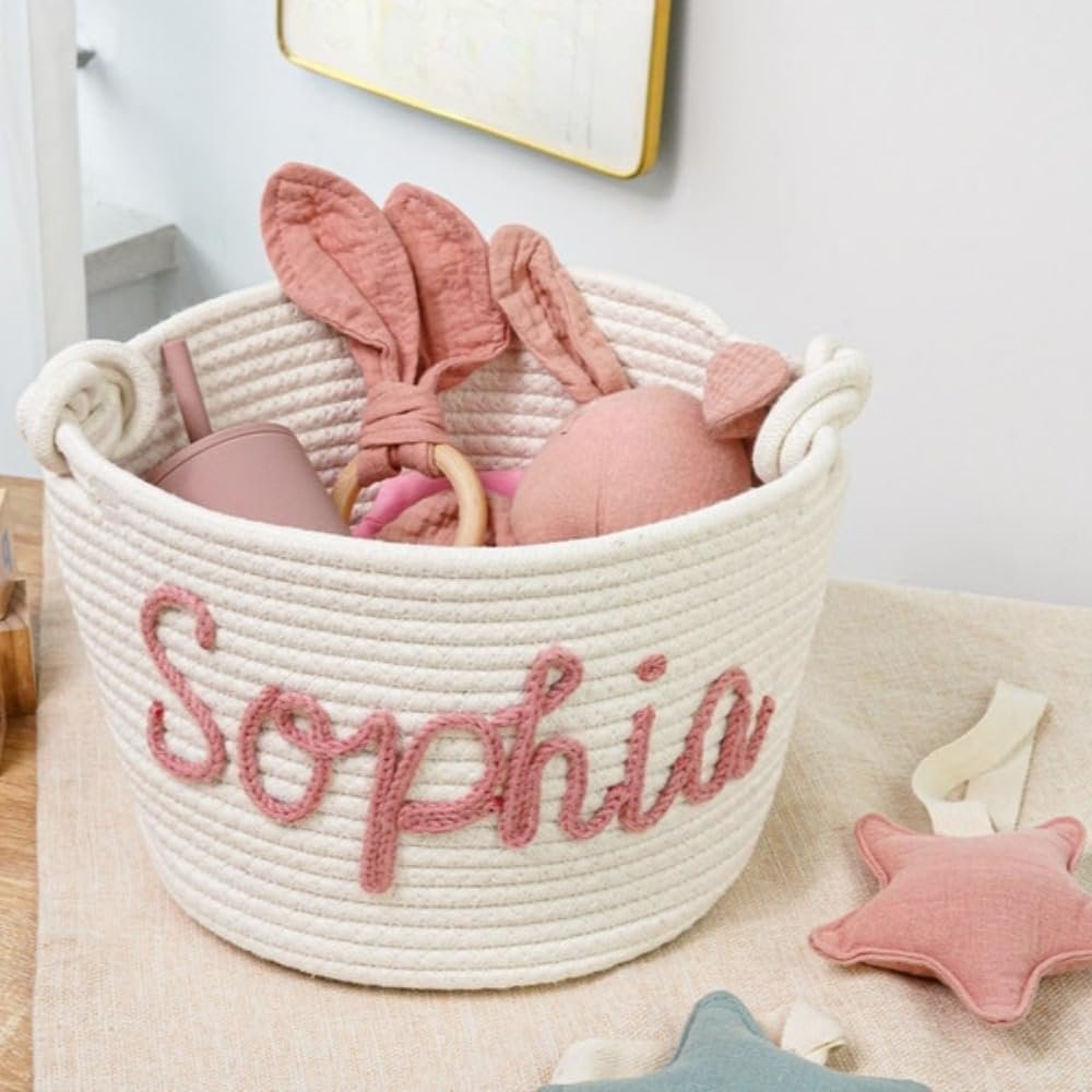 Personalized Handmade Basket,Baby Diaper Caddy Organizer for Girl Boy,Gift Basket, Toy Basket,Custom Name Cotton Rope Basket,Storage Basket (S 22X16CM)