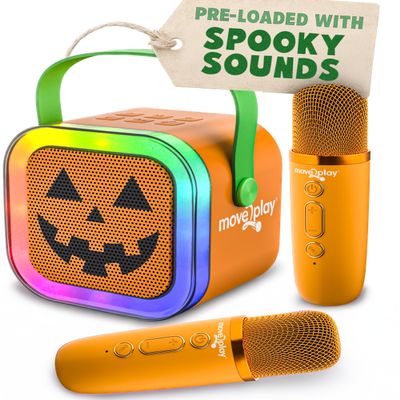 Move2Play, Halloween Karaoke Machine | Spooky Soundtrack & Voice Effects | Includes 2 Microphones | Bluetooth Wireless Music Player | Indoor & Outdoor Halloween Decoration for Kids & Adults