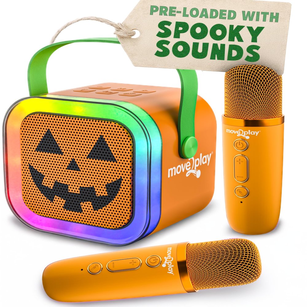Move2Play, Halloween Karaoke Machine | Spooky Soundtrack & Voice Effects | Includes 2 Microphones | Bluetooth Wireless Music Player | Indoor & Outdoor Halloween Decoration for Kids & Adults