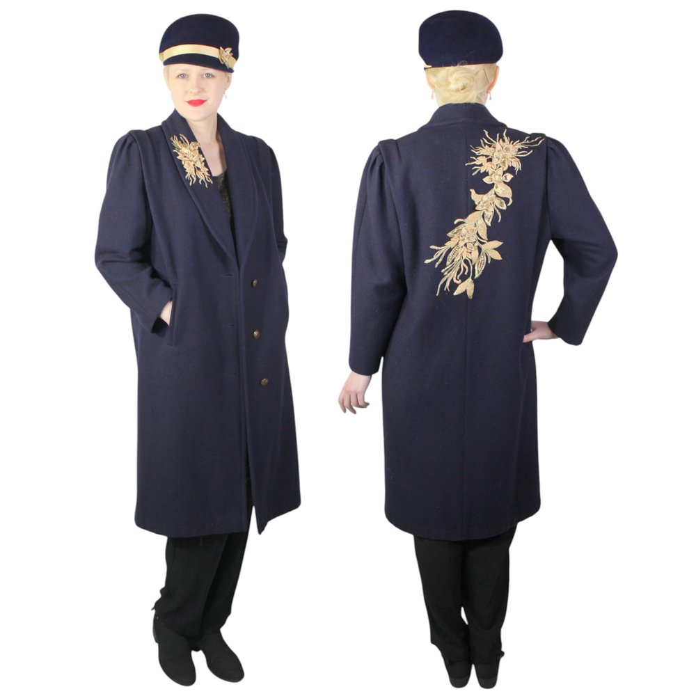80s Vintage Embroidered Coat and Hat Military Look 2 Piece Collection - Medium
