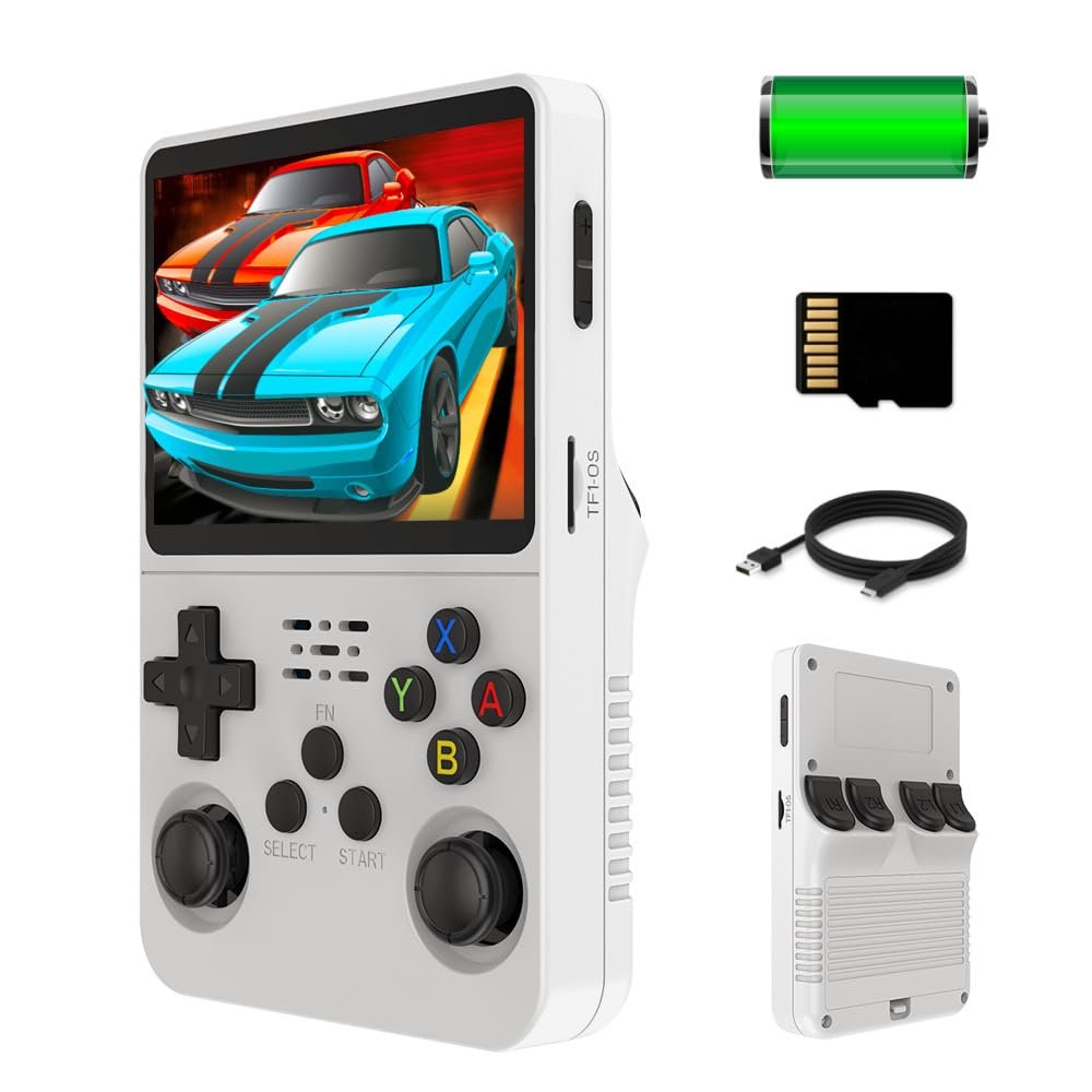20000 in 1 Handheld Game Console, R36S Portable Retro Video Game Console, Mini Retro Pocket Arcade Game, HD 3.5 inch IPS Screen, 128GB Card with Pre-Installed Games (White)