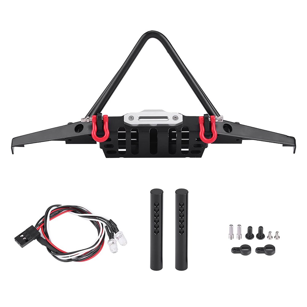 1/10 Car Front Bumper, Steel RC Crawler Bumper with LED Lights Upgraded Part for Axial SCX10 90046