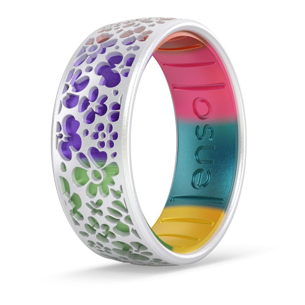 Enso Rings Etched Classic Silicone Rings - Garden Party Collection - Comfortable and Flexible Design - Mystic Blooms - Pearl/Vivid Rainbow - Size 7